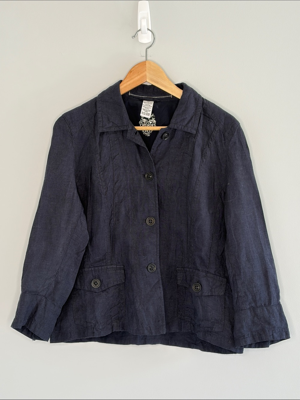 Olsen Europe Women’s Navy Button-Front Linen Blend Jacket Summer Layer Work